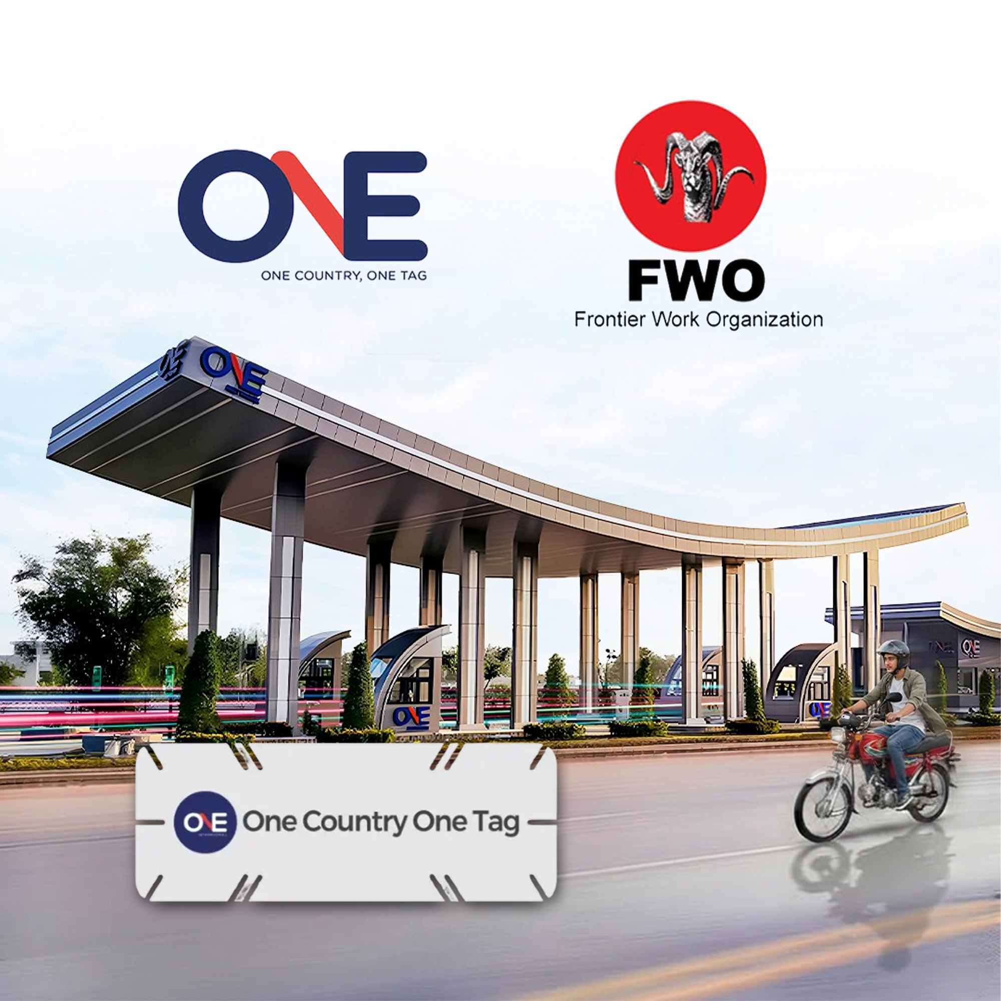 A modern toll plaza with the ONE and FWO logos above it highlights Digital Projects in action. A man rides a motorcycle in the foreground. A digital toll tag with the text “ONE Country One Tag” is shown at the bottom.