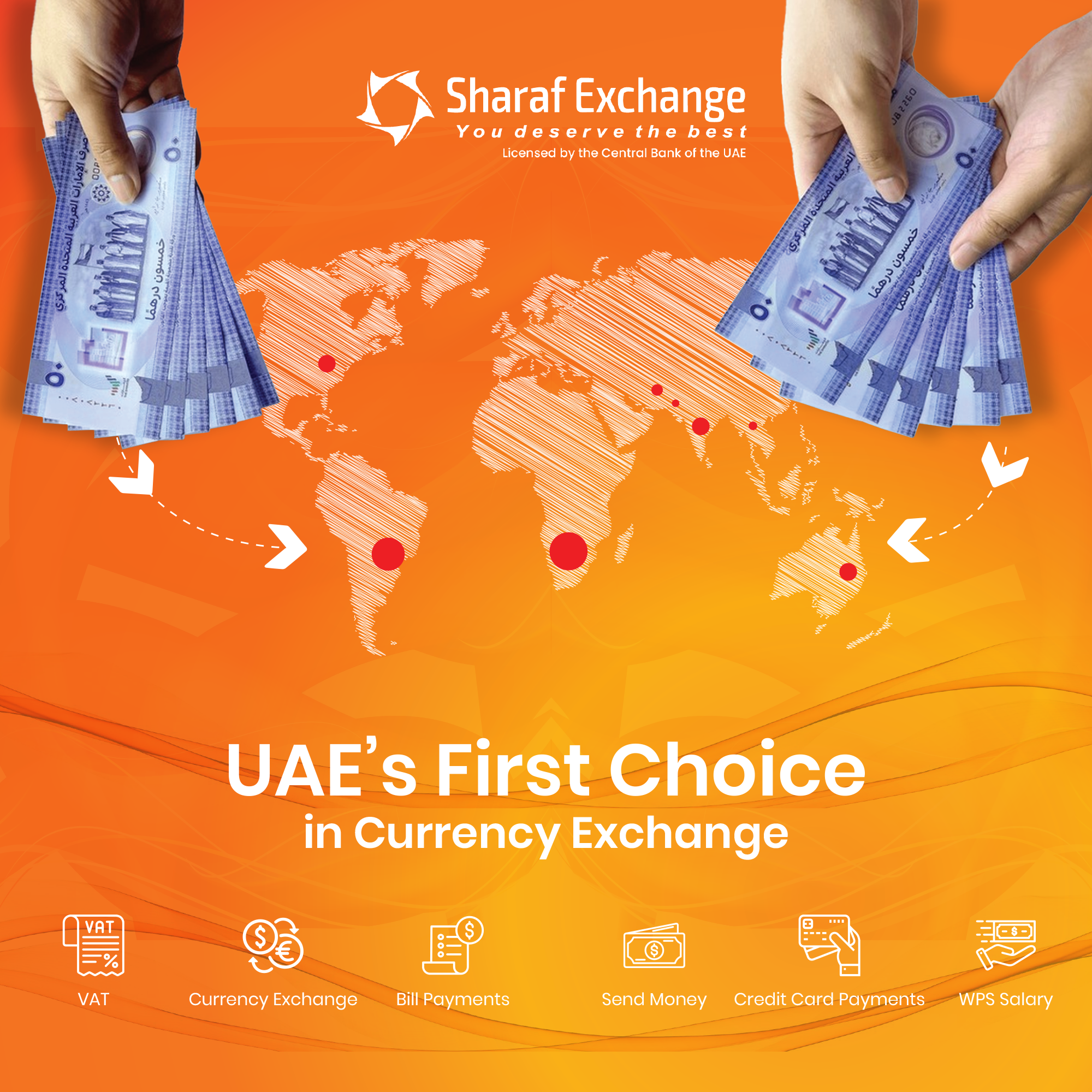 Two hands holding stacks of UAE dirham notes over an orange world map background. Text reads UAE’s First Choice in Currency Exchange, highlighting Digital Projects with Sharaf Exchange logo and service icons for VAT, exchange, bill payments, sending money, and WPS salary.